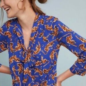 Anthropologie Conversations Blue Leopard Print Women's Top